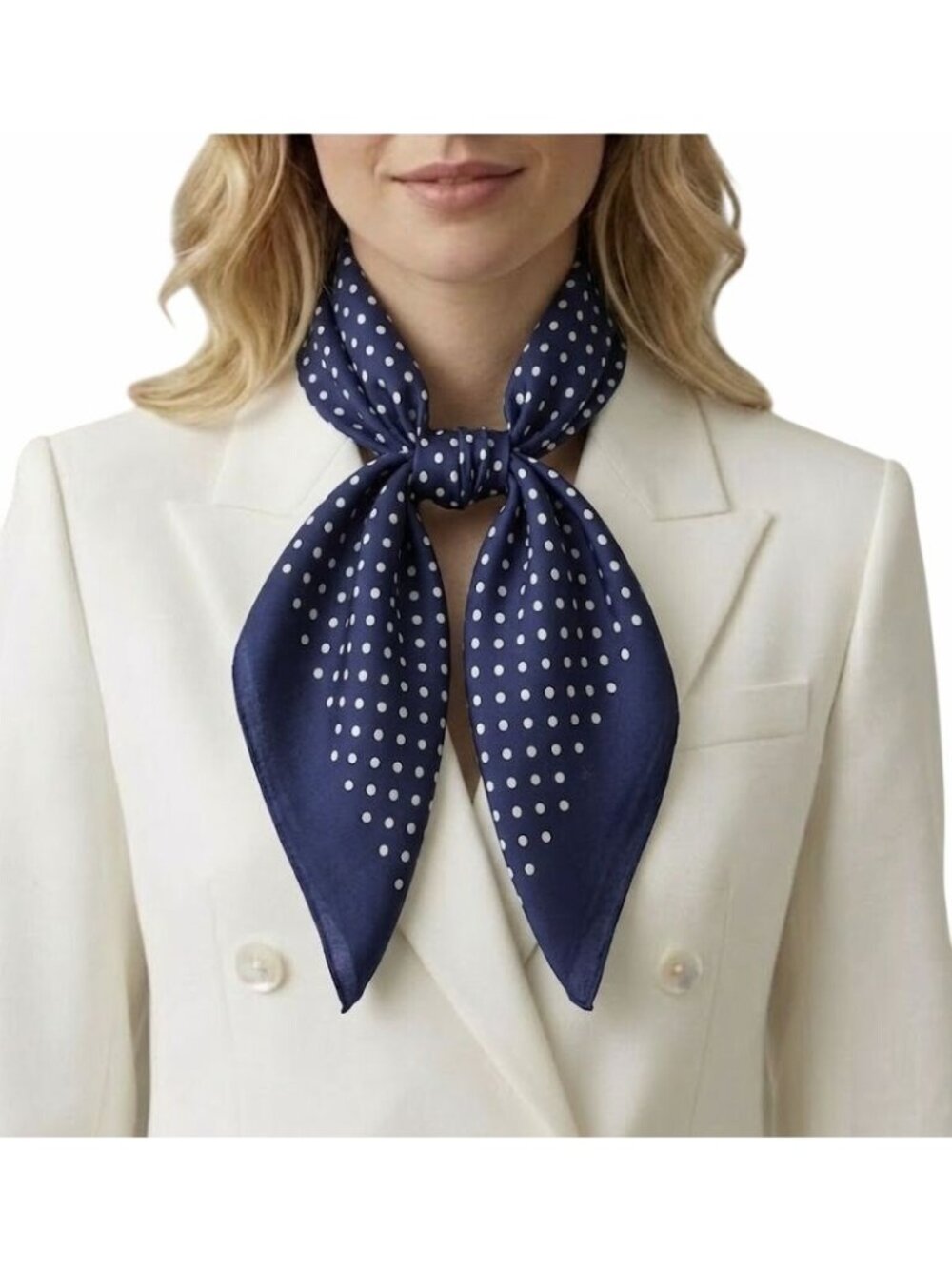 ✨Luxury Elegant Silky Scarf Navy Blue Beige Polka Dot Zigzag Square Wrap Hijab
